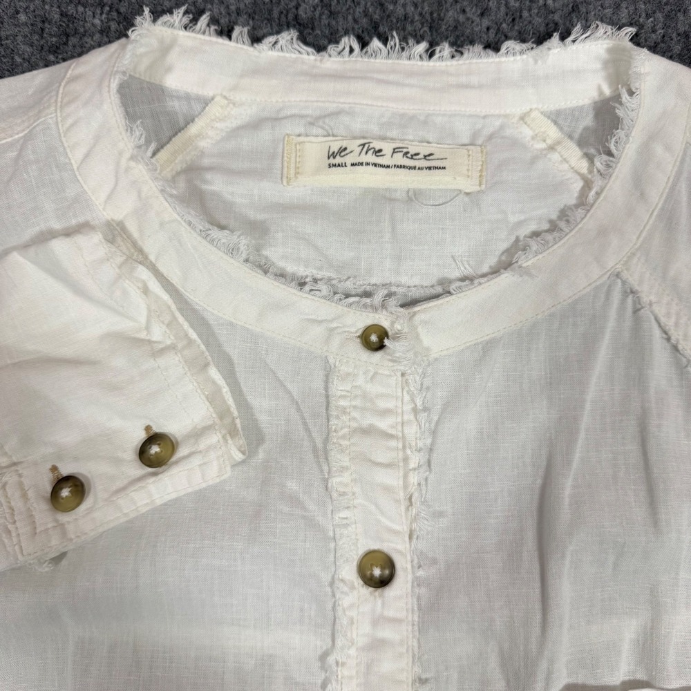 We The Free Linen Blend Raw Hem Button Down Shirt Women's Small White Linen EUC
